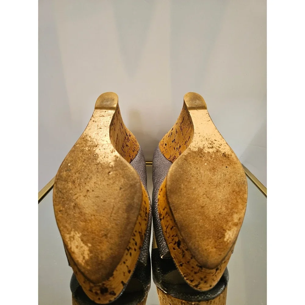 Miu Miu Stingray Embossed Leather Cork Wedge Sandals Womens Blue Grey Peep Toe